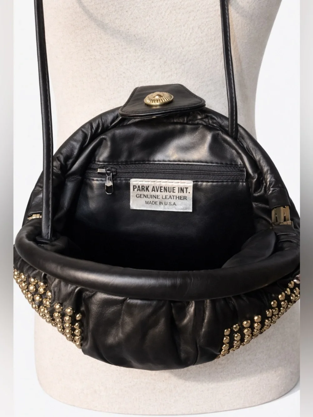 Vintage 80s leather studded Park Avenue Int. Soft Crossbody bag. Gold hardware